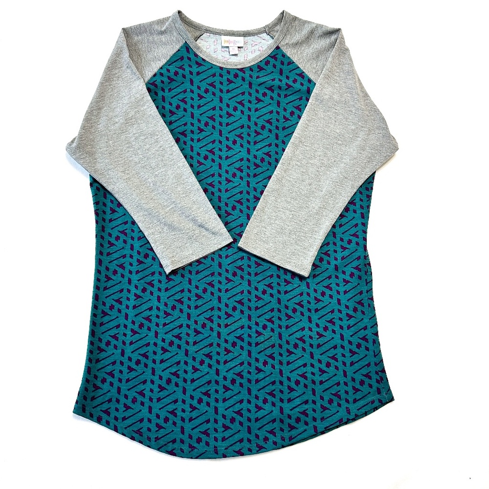 LuLaRoe Geometric 3/4 Length Sleeve Tee Women’s Size Medium Gray and Teal